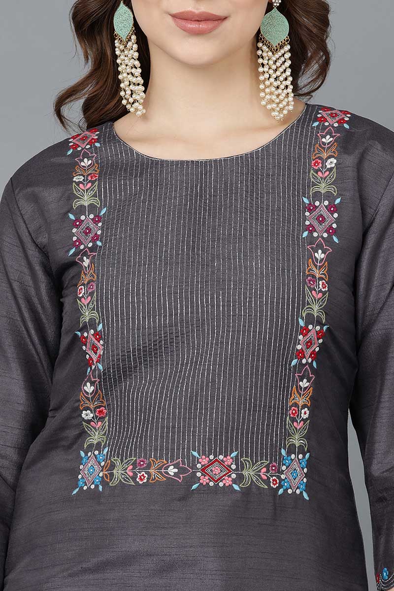 Women Charcoal Poly Silk Embroidered Kurta Trousers With Dupatta | SHOBITAM