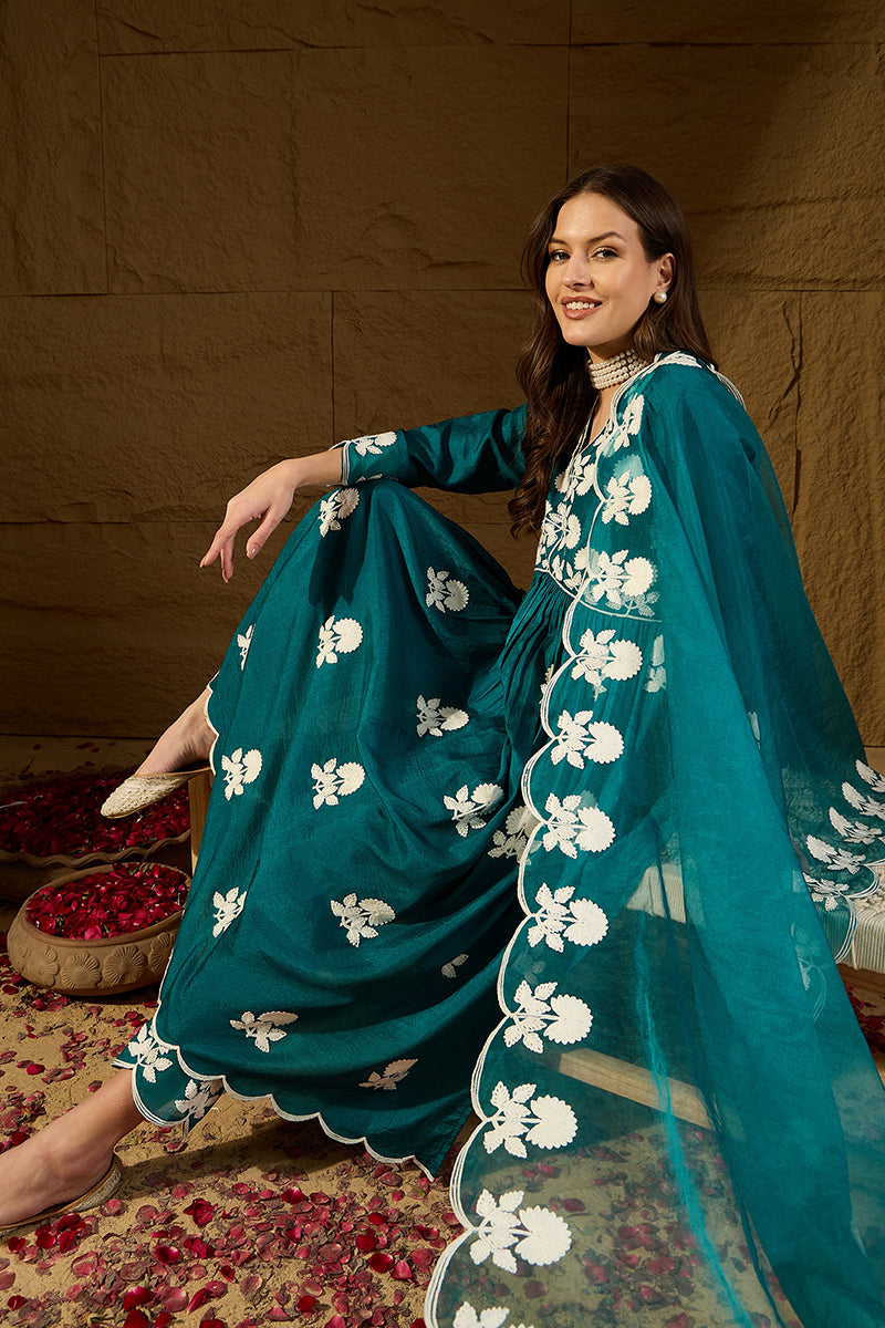 Teal Silk Blend Solid Embroidered A-Line Kurta Trouser With Dupatta | SHOBITAM
