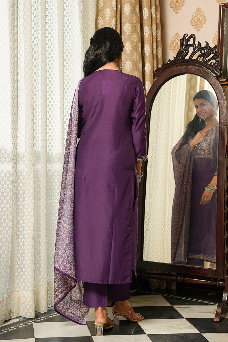 Purple Cotton Blend Ajrakh Printed Straight Kurta Trousers With Dupatta | SHOBITAM