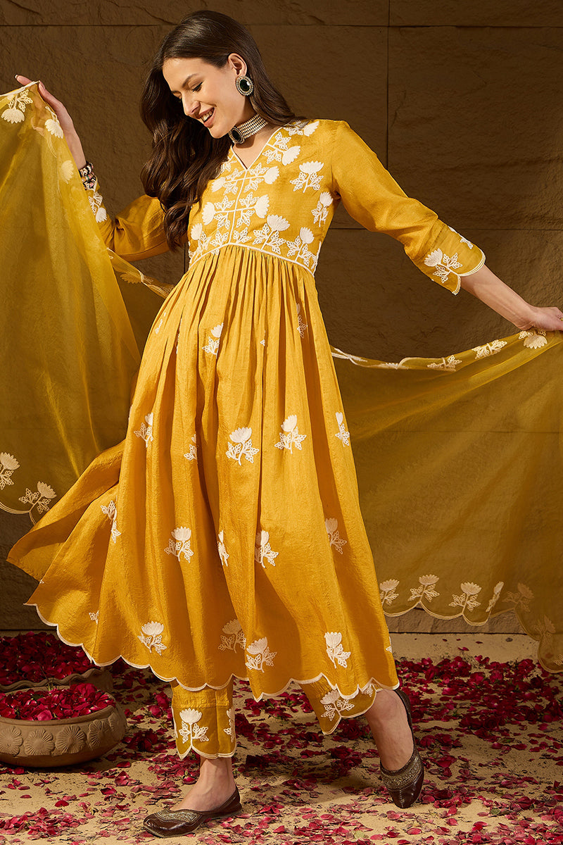 Yellow Silk Blend Solid Embroidered A-Line Kurta Trouser With Dupatta | SHOBITAM
