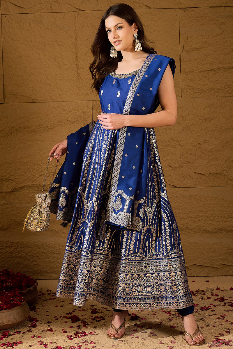 Blue Silk Blend Solid Embroidered Anarkali Kurta Bottom and Dupatta | SHOBITAM