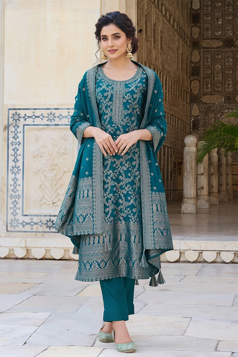 Teal Blue Poly Chanderi Solid Woven Design Straight Trouser Suit Set | SHOBITAM
