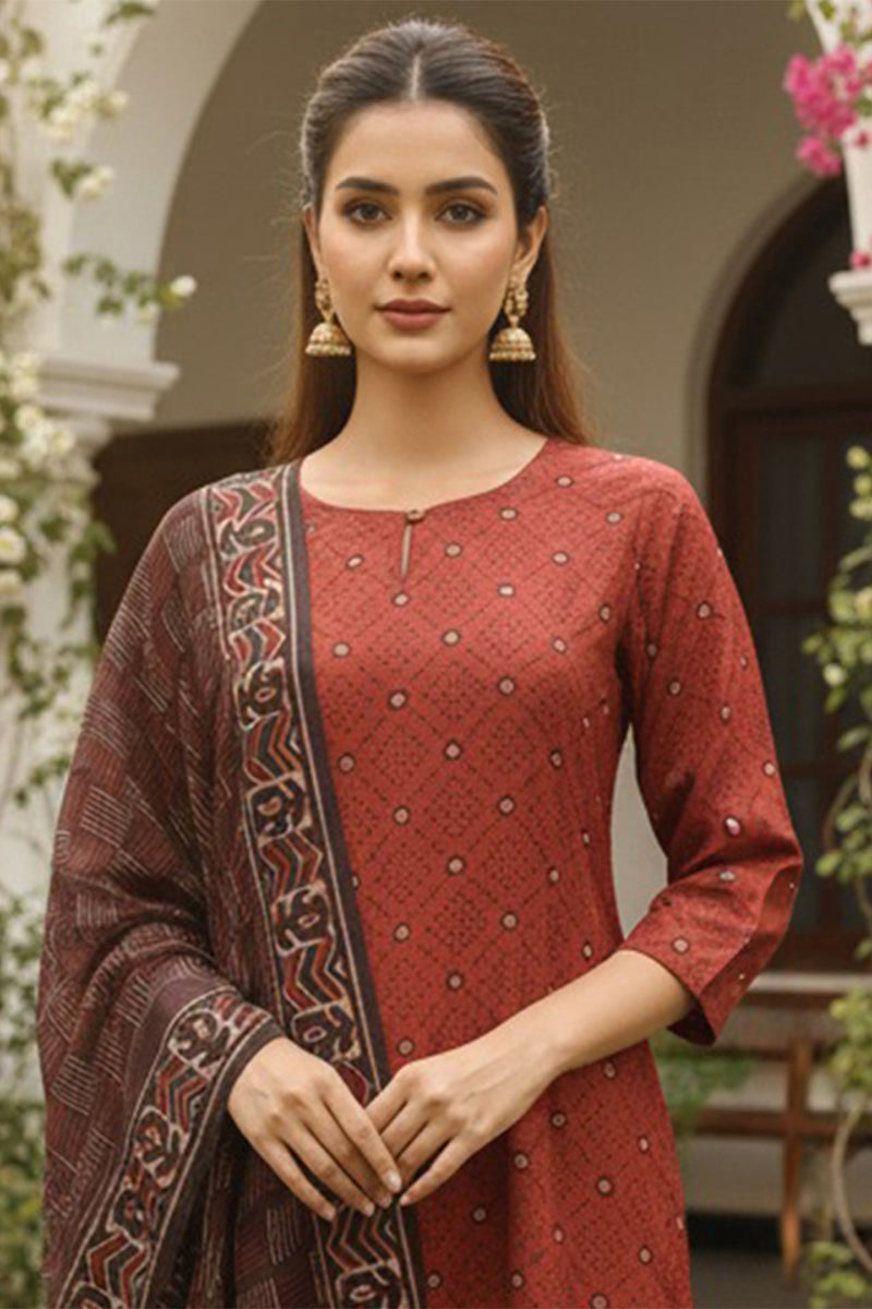 Red Cotton Blend Geometric Printed Straight Kurta Trousers With Dupatta | SHOBITAM