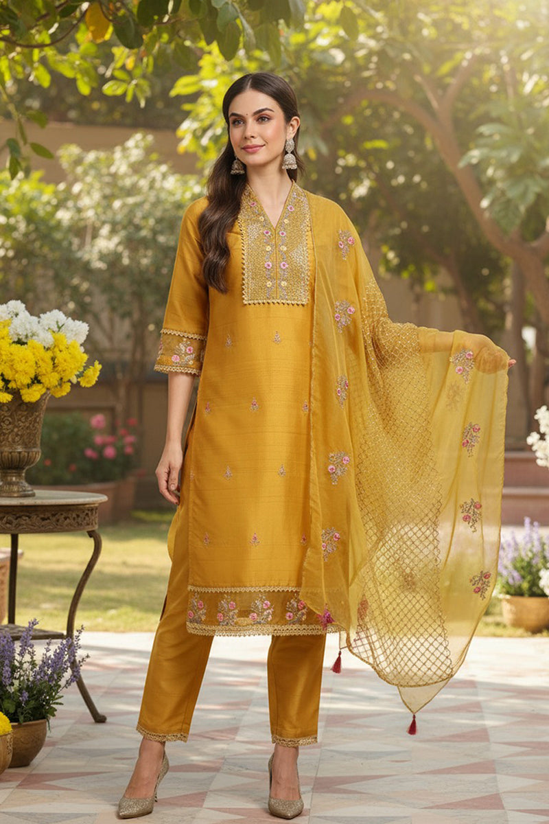 Mustard Yellow Silk Blend Floral Embroidered Straight Suit Set | SHOBITAM