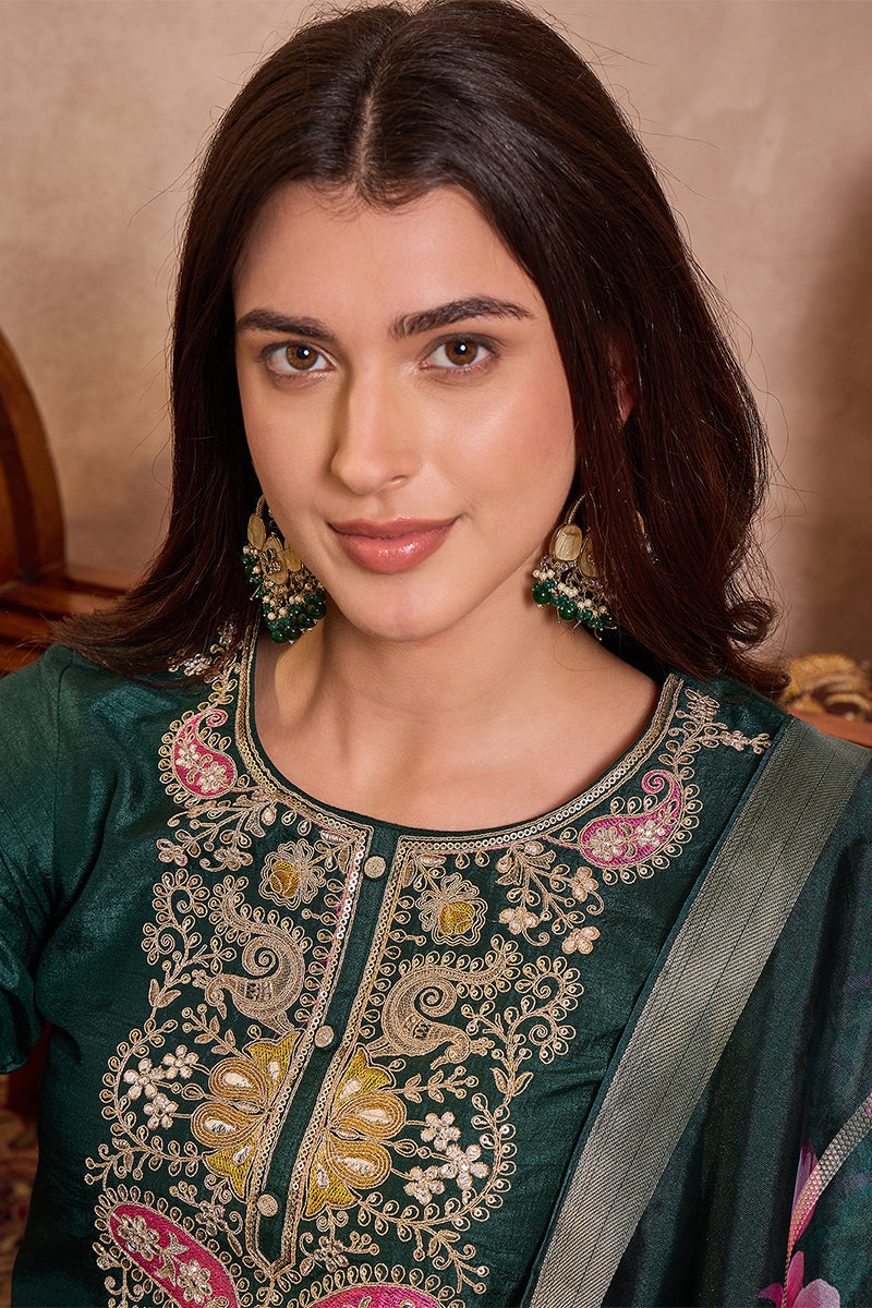 Green Silk Blend Solid Embroidered Straight Kurta Trouser With Dupatta | SHOBITAM