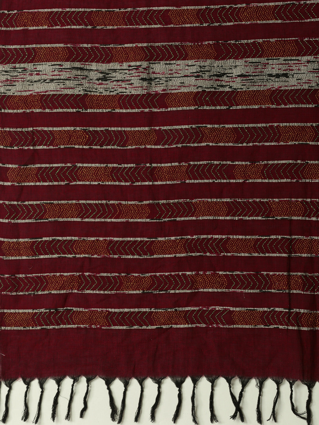 Maroon Yellow Khesh Kantha Stitch Cotton Saree | Shobitam