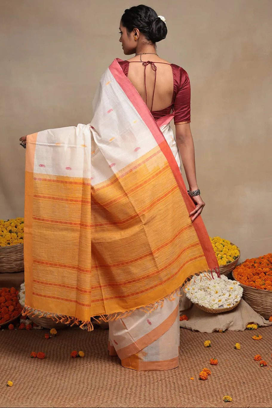 White Handloom Cotton Saree | Shobitam