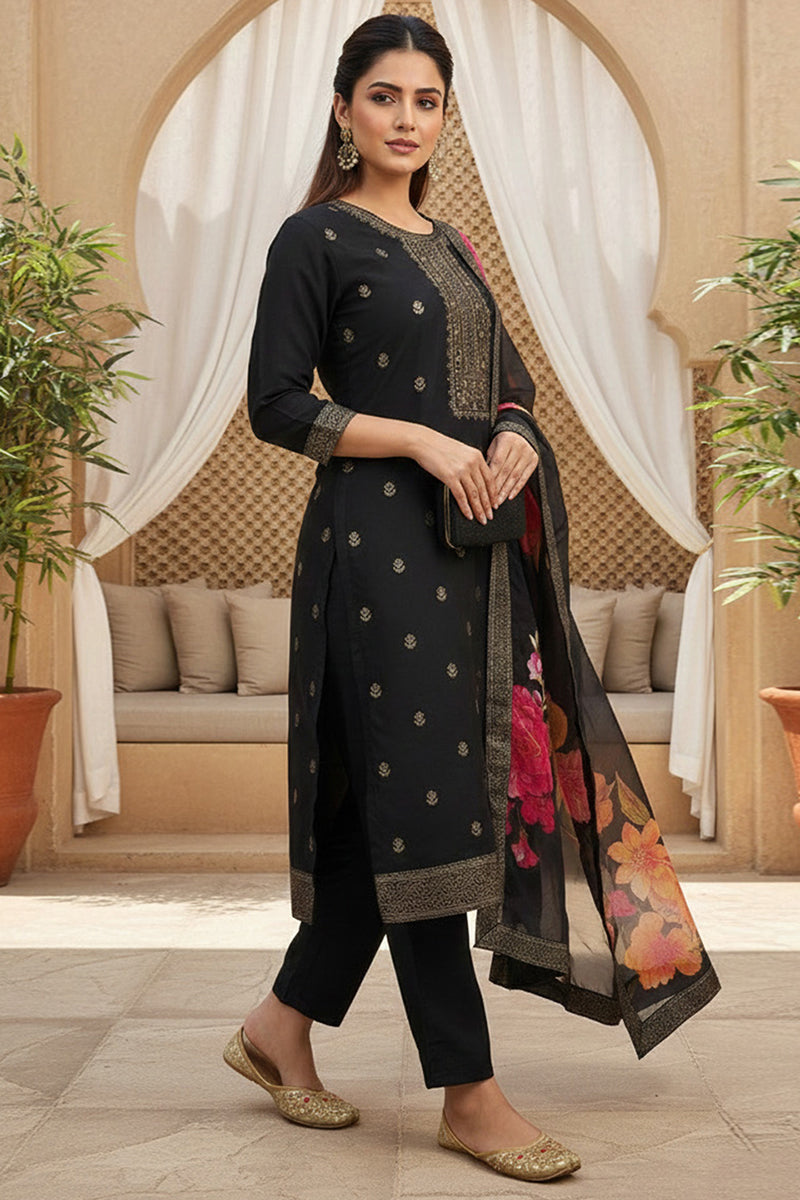 Black Silk Blend Ethnic Motifs Stoning Straight Kurta Trouser with Dupatta | SHOBITAM