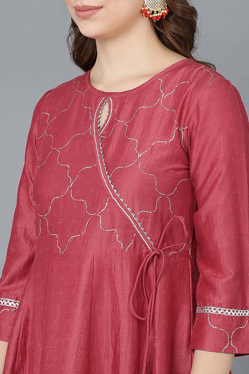 Women Red Poly Silk Embroidered Kurta Trousers With Dupatta | SHOBITAM