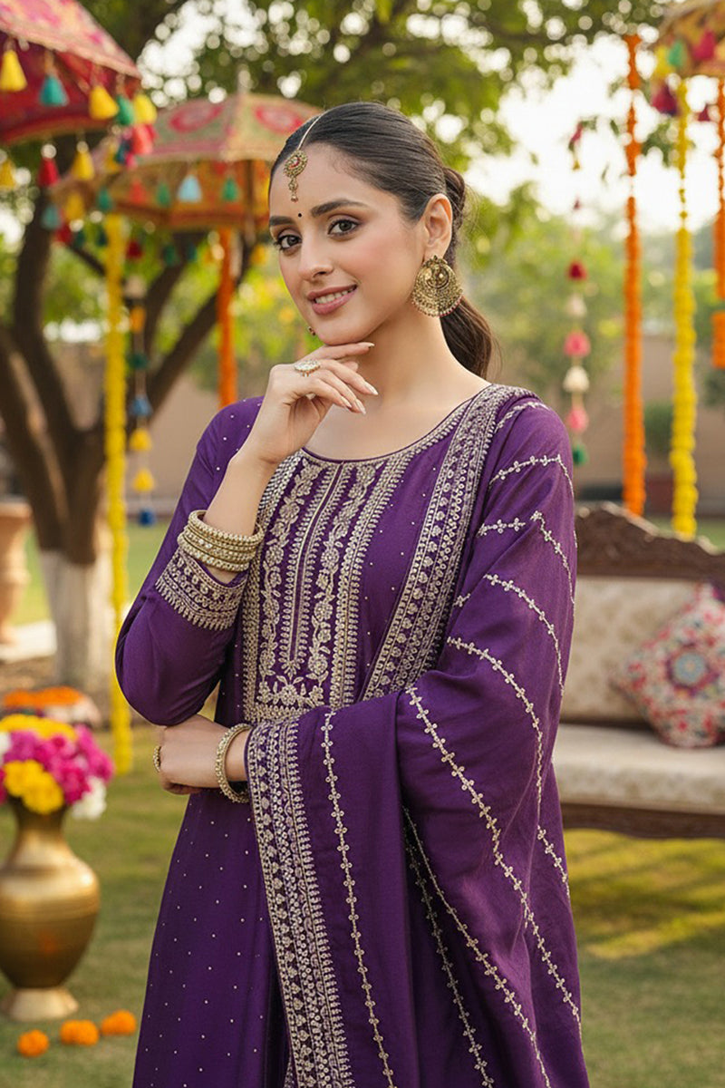 Purple Silk Blend Straight Kurta Palazzo With Dupatta | SHOBITAM