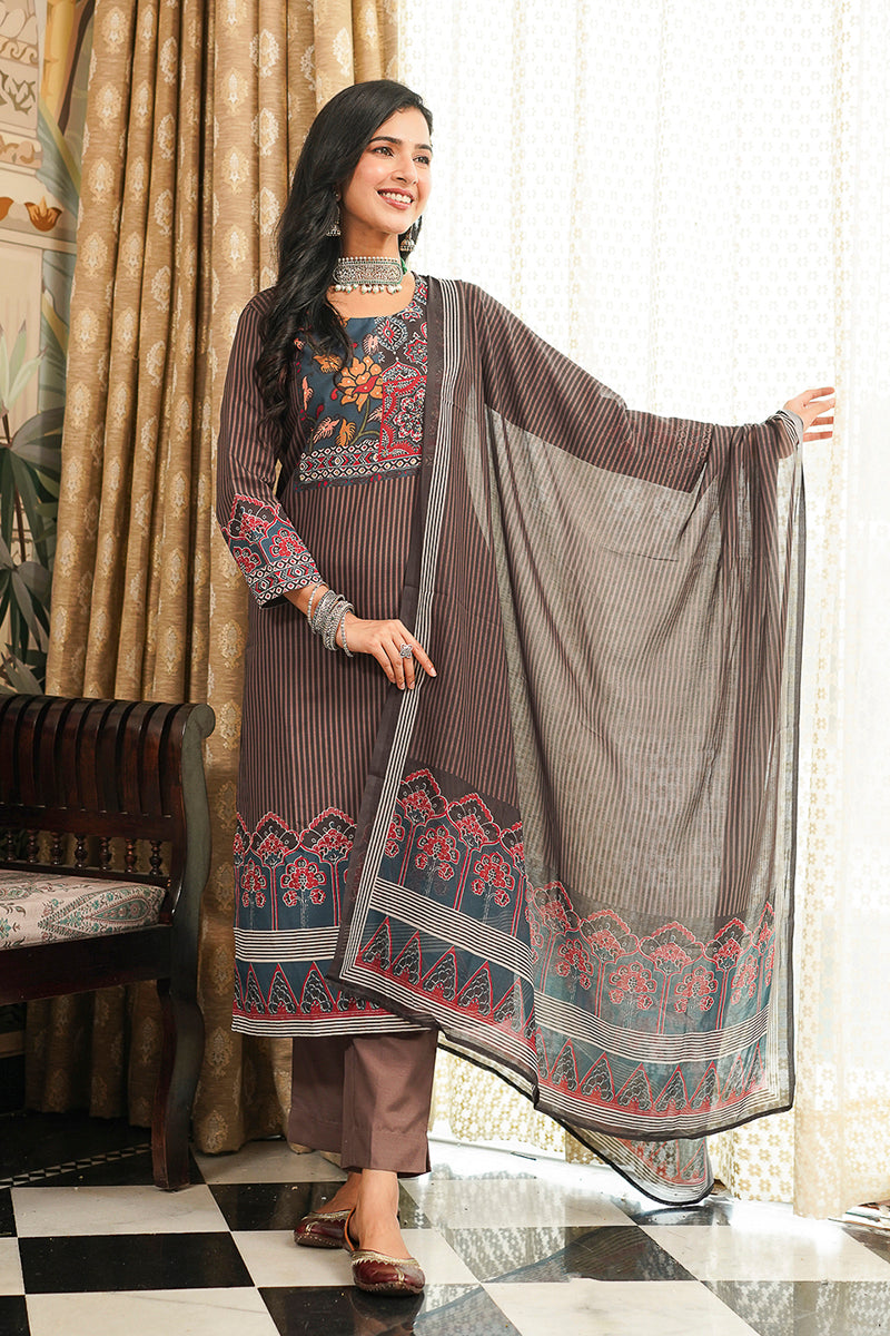 Brown Cotton Blend Ethnic Motifs Printed Straight Kurta Trousers With Dupatta | SHOBITAM
