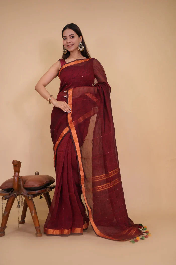 Maroon Handloom Cotton Linen Interwoven Sequins with Tassels In Pallu Ready To Wear Saree