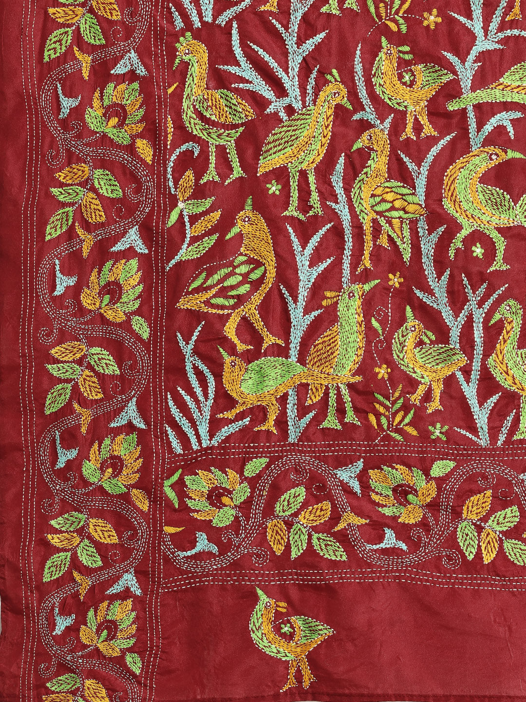 Red Bird Design Artsilk Kantha Saree with Blouse piece | SHOBITAM