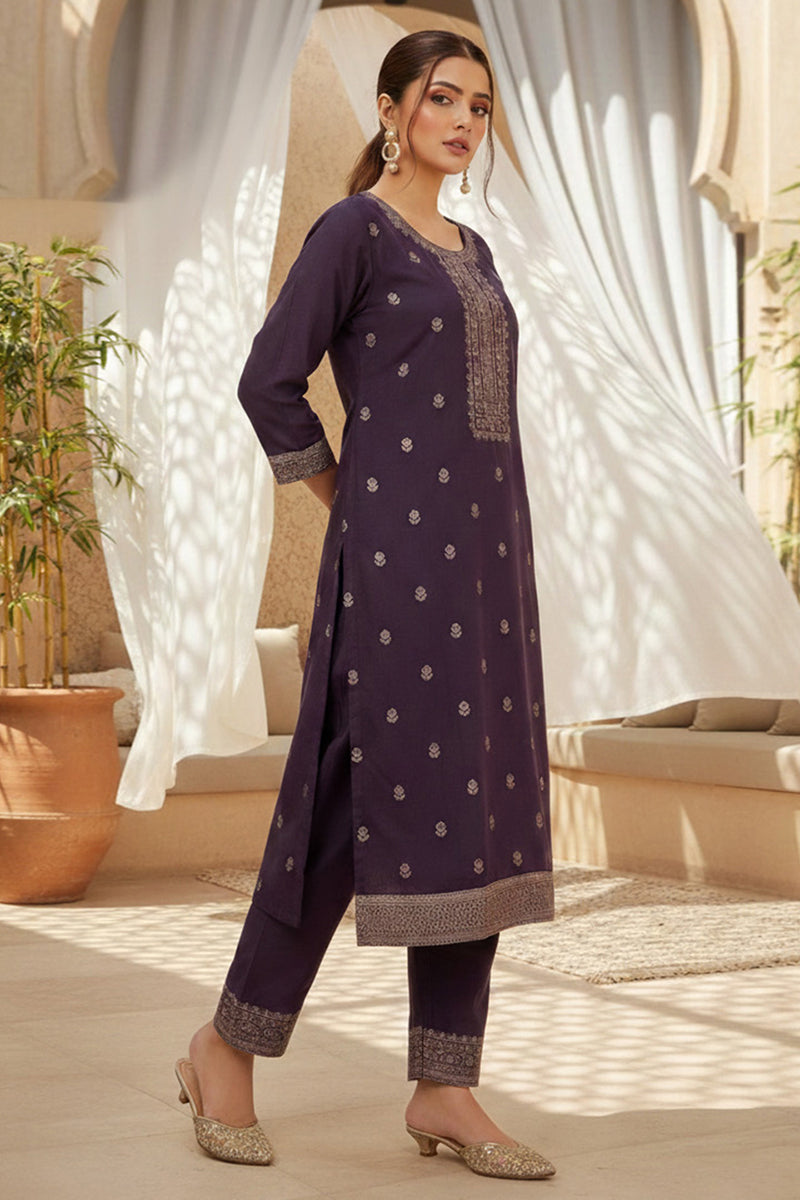 Purple Silk Blend Ethnic Motifs Stoning Straight Kurta Trouser with Dupatta | SHOBITAM