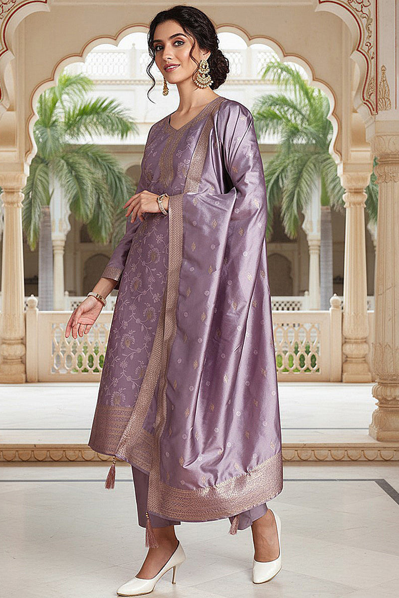 Lavender Silk Blend Ethnic Motifs Woven Design Straight Suit Set | SHOBITAM