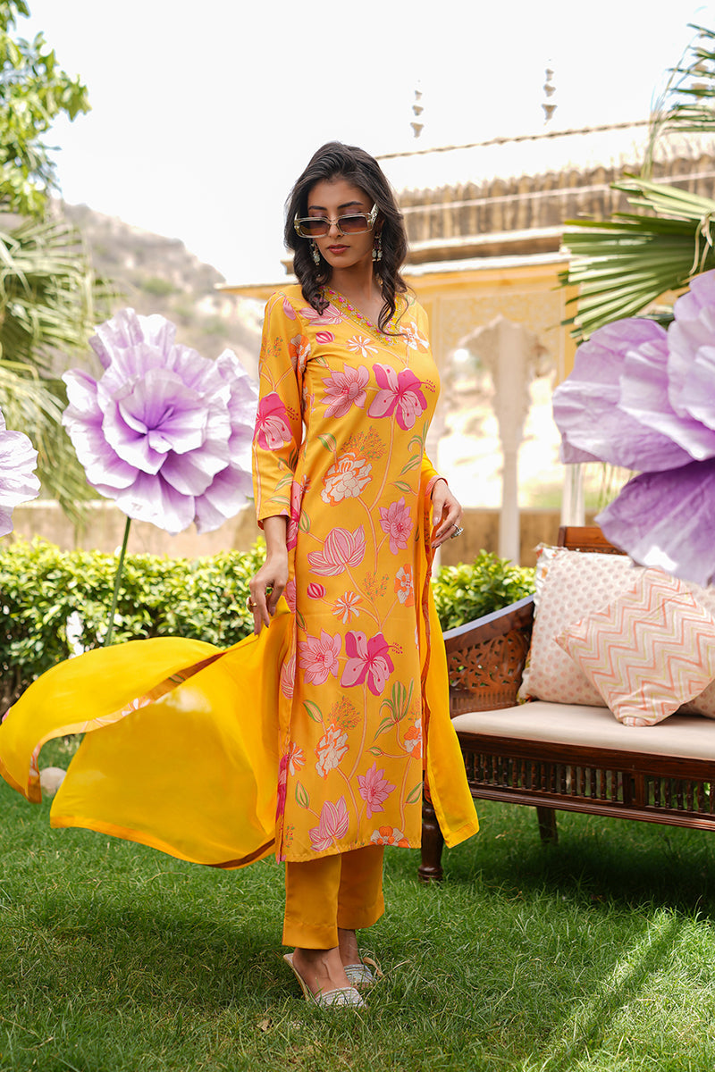 Yellow Silk Blend Floral Printed Straight Kurta Trousers With Dupatta | SHOBITAM