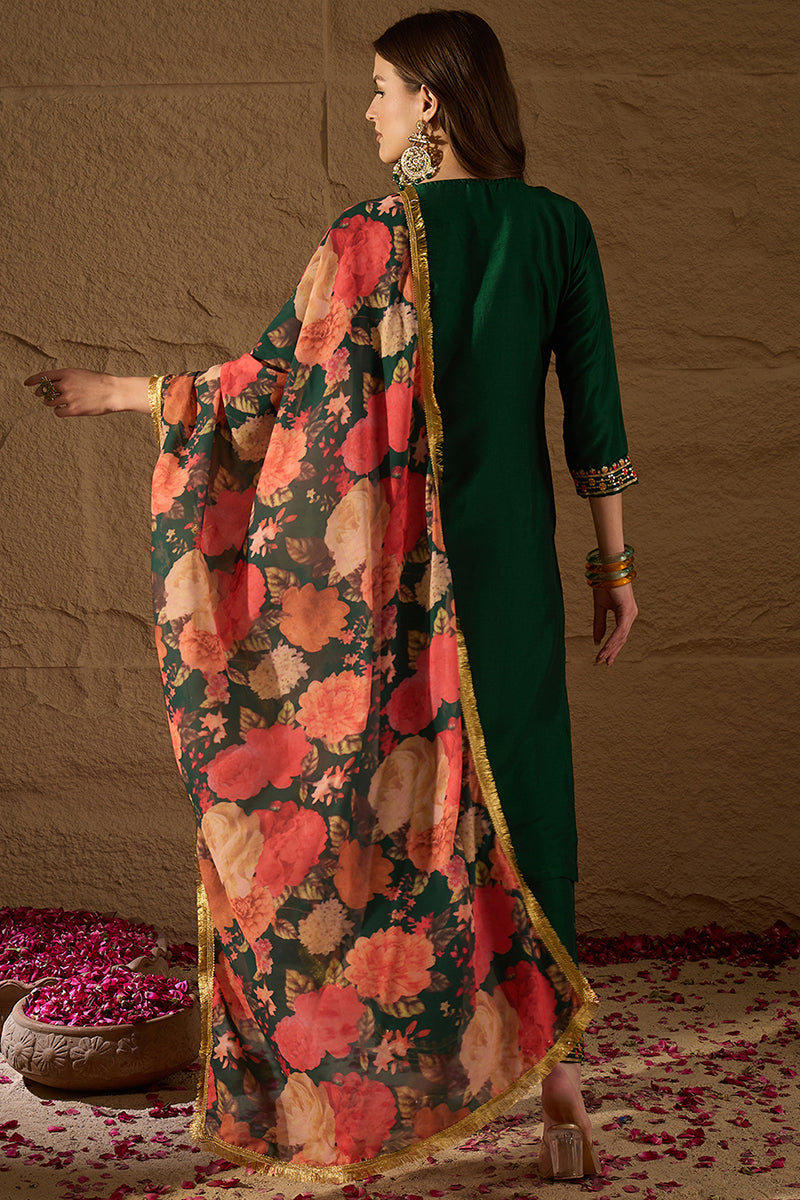 Green Silk Blend Embroidered Kurta Pant With Dupatta