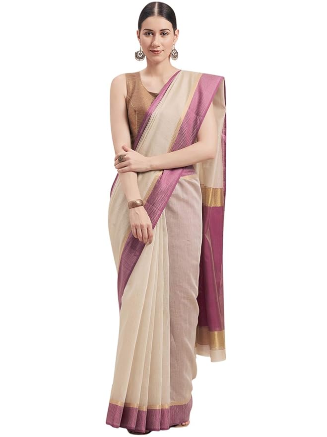 Onam Special Off-White Cotton Striped Woven Border Ready To Wear Saree