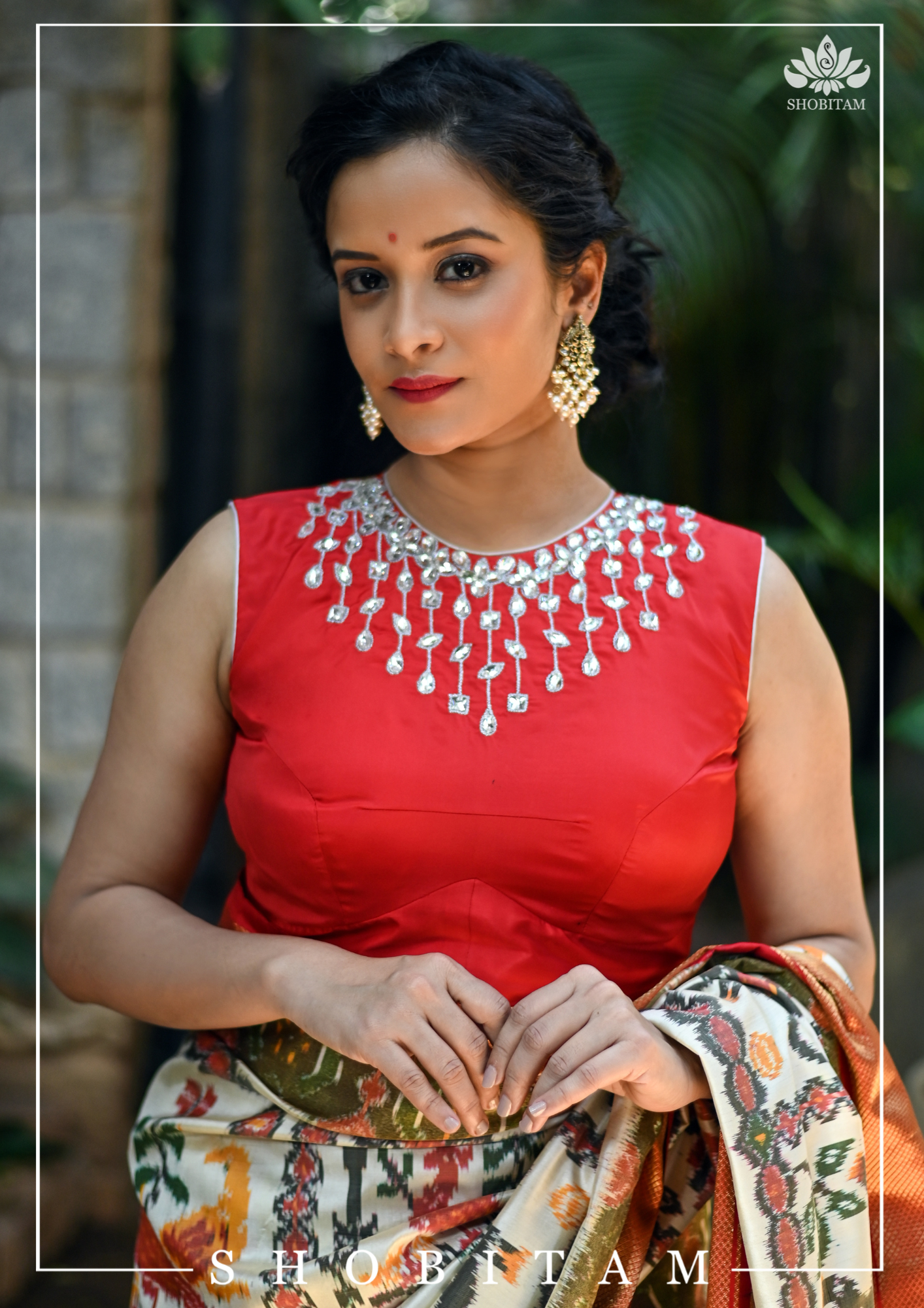 Made to Measure: Necklace Design White Rhinestone Blouse on Red Silk, Customization Possible | Shobitam