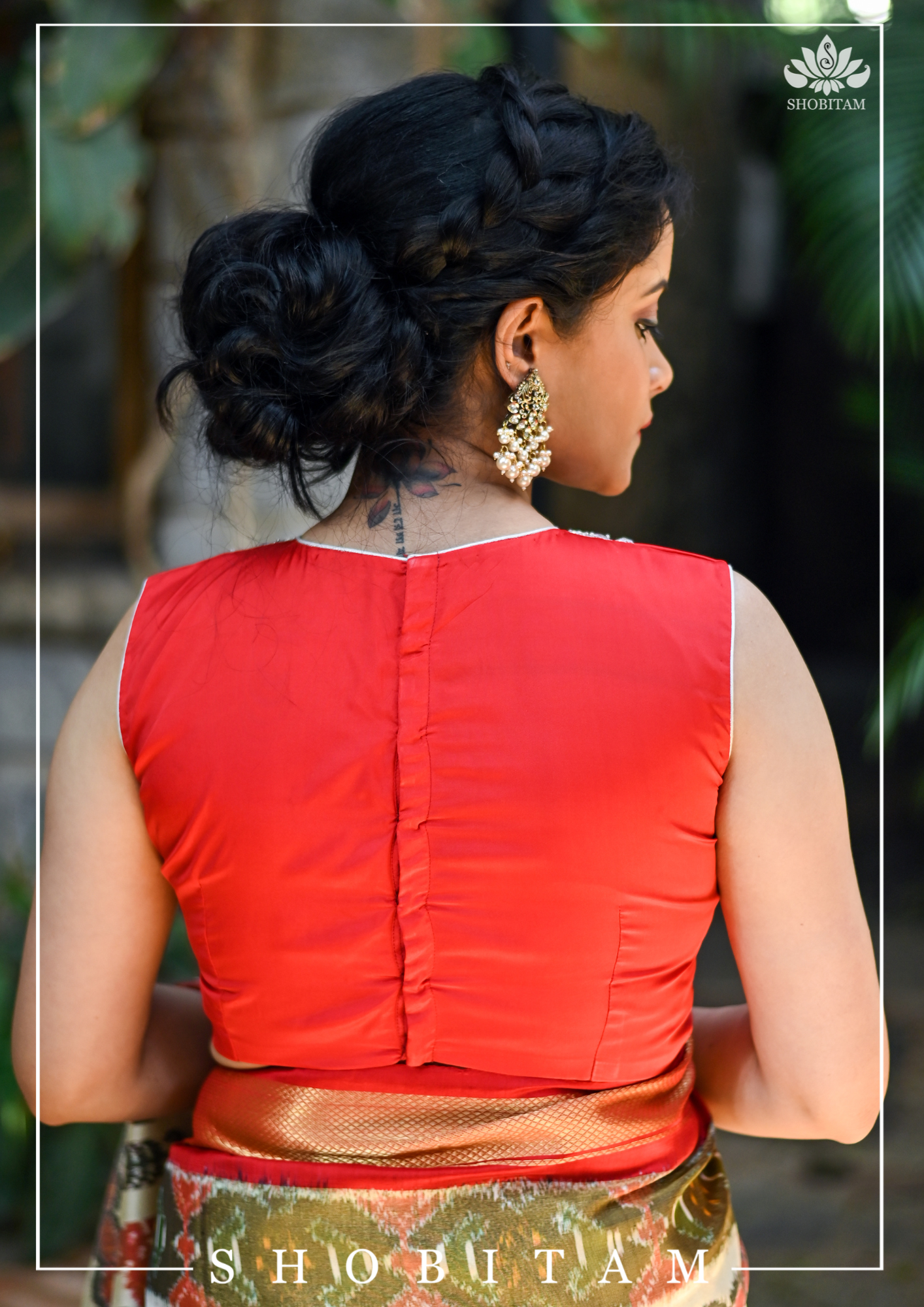 Made to Measure: Necklace Design White Rhinestone Blouse on Red Silk, Customization Possible | Shobitam