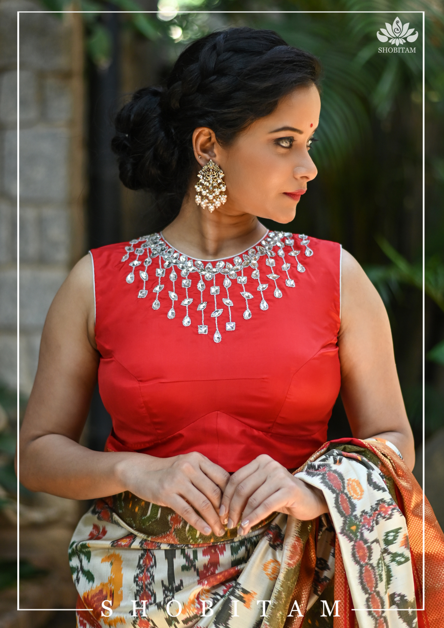 Made to Measure: Necklace Design White Rhinestone Blouse on Red Silk, Customization Possible | Shobitam