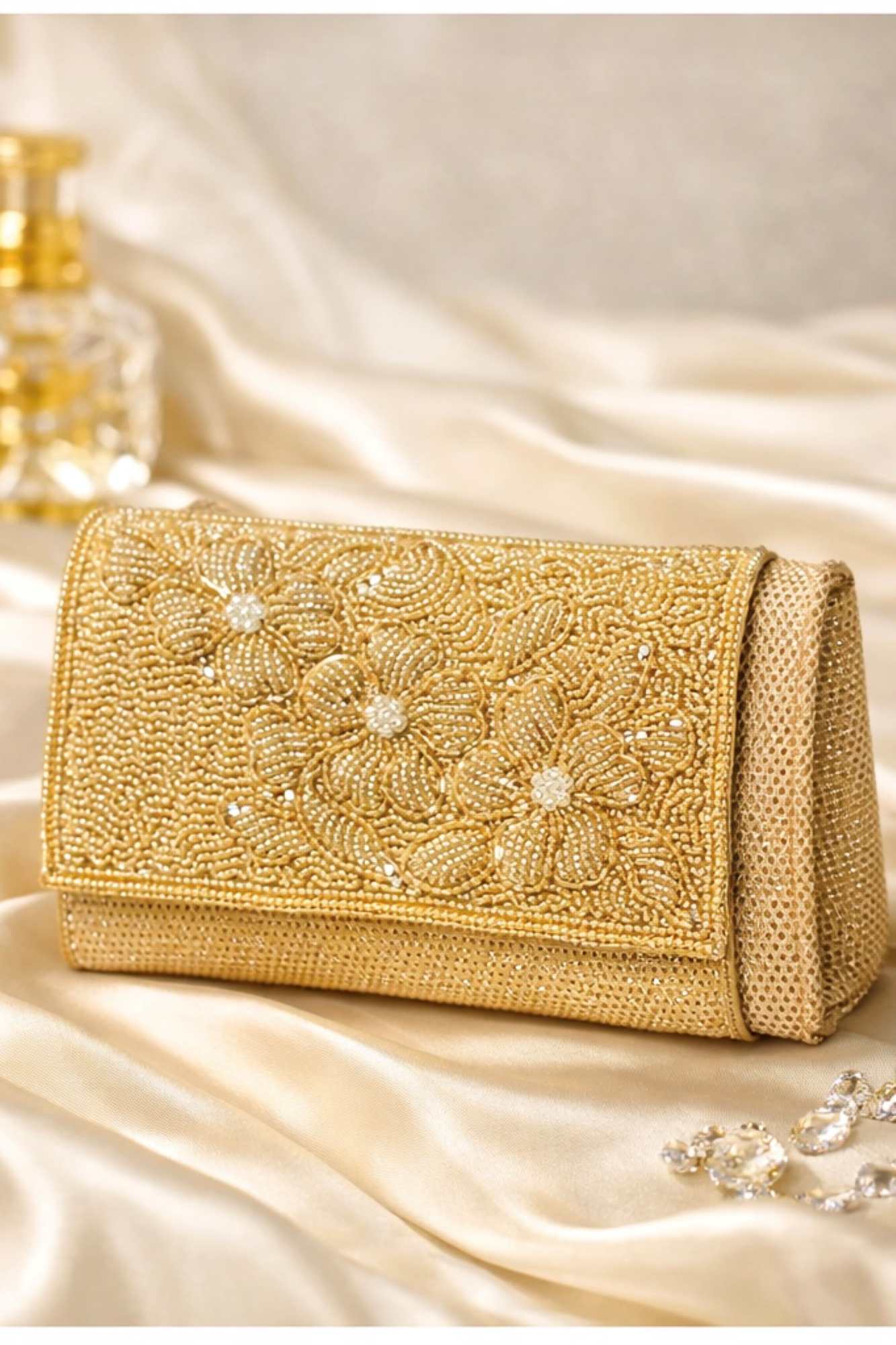 Opulent Golden Bloom Sequin & Beadwork Evening Clutch Bag