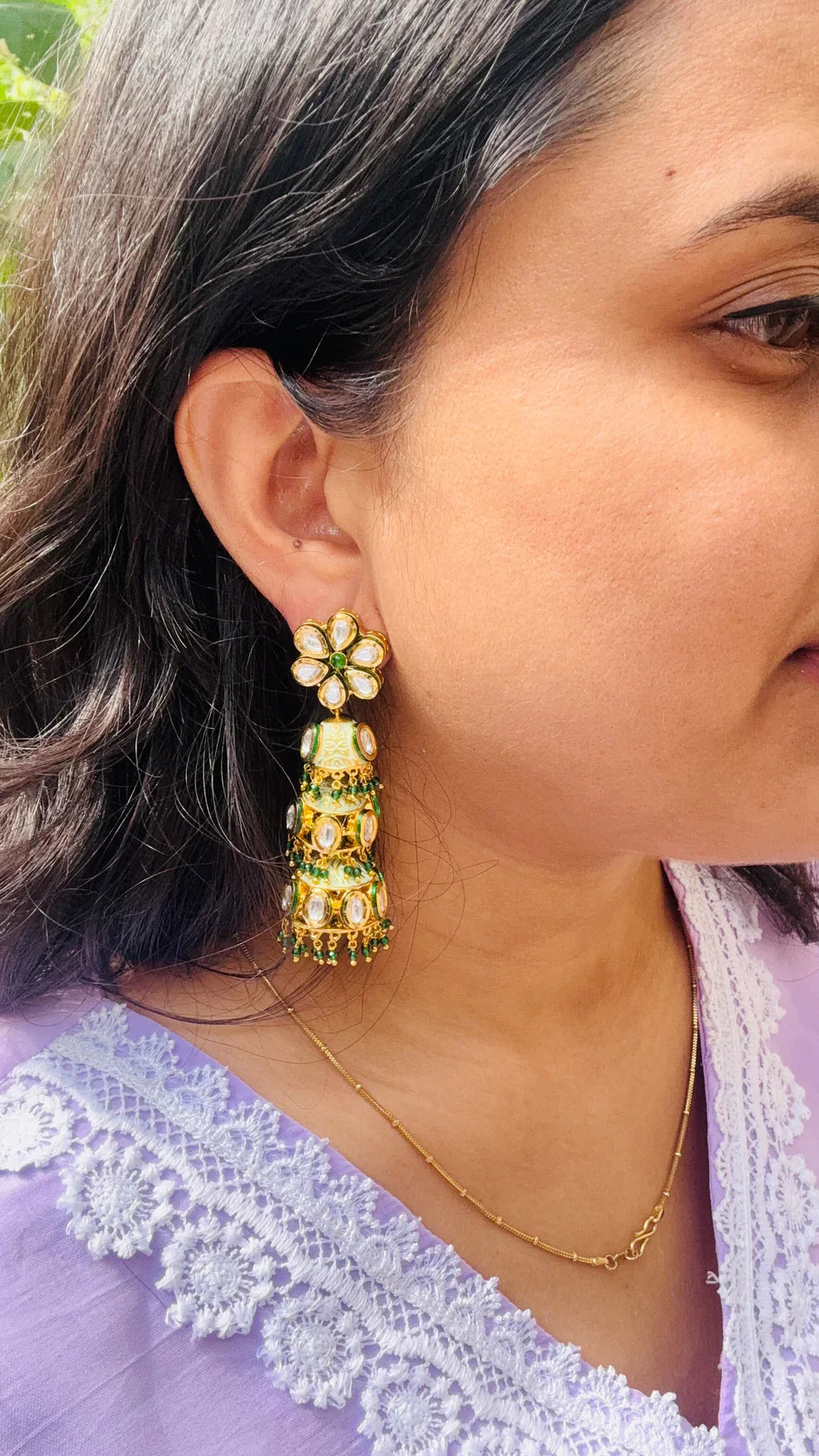 Green Kundan Meenakari Jhumkis | Shobitam