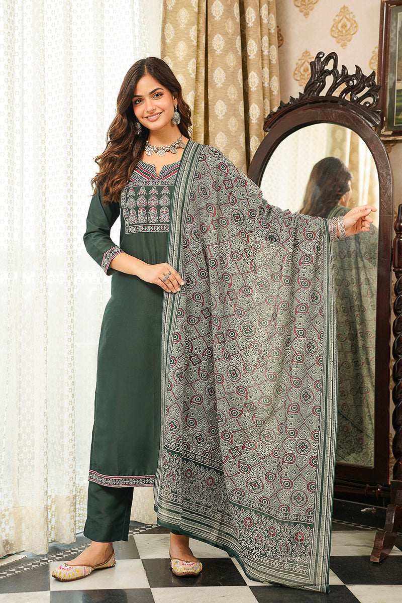 Green Cotton Blend Ajrakh Printed Straight Kurta Trousers With Dupatta | SHOBITAM