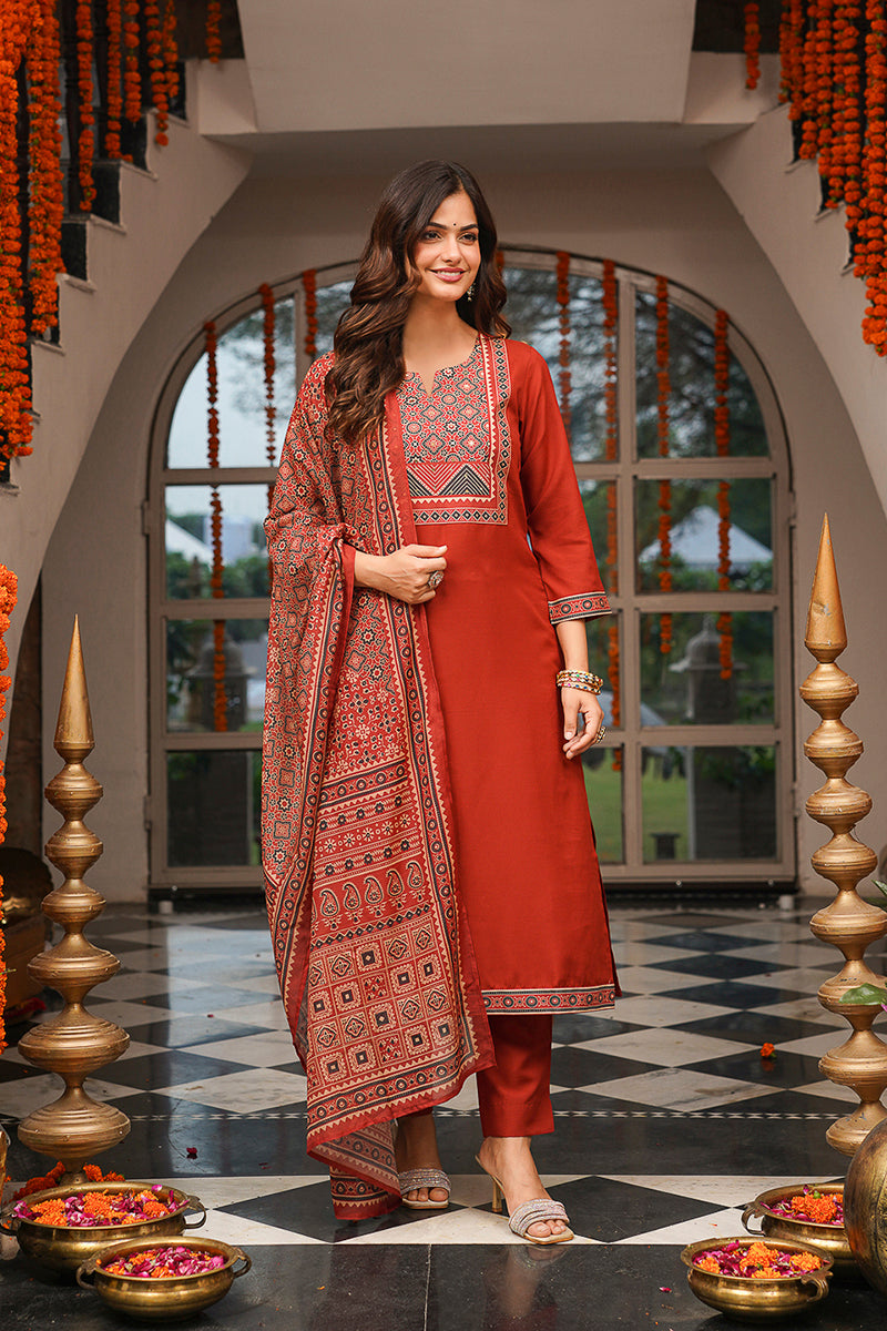 Brown Cotton Blend Ajrakh Printed Straight Kurta Trousers With Dupatta | SHOBITAM