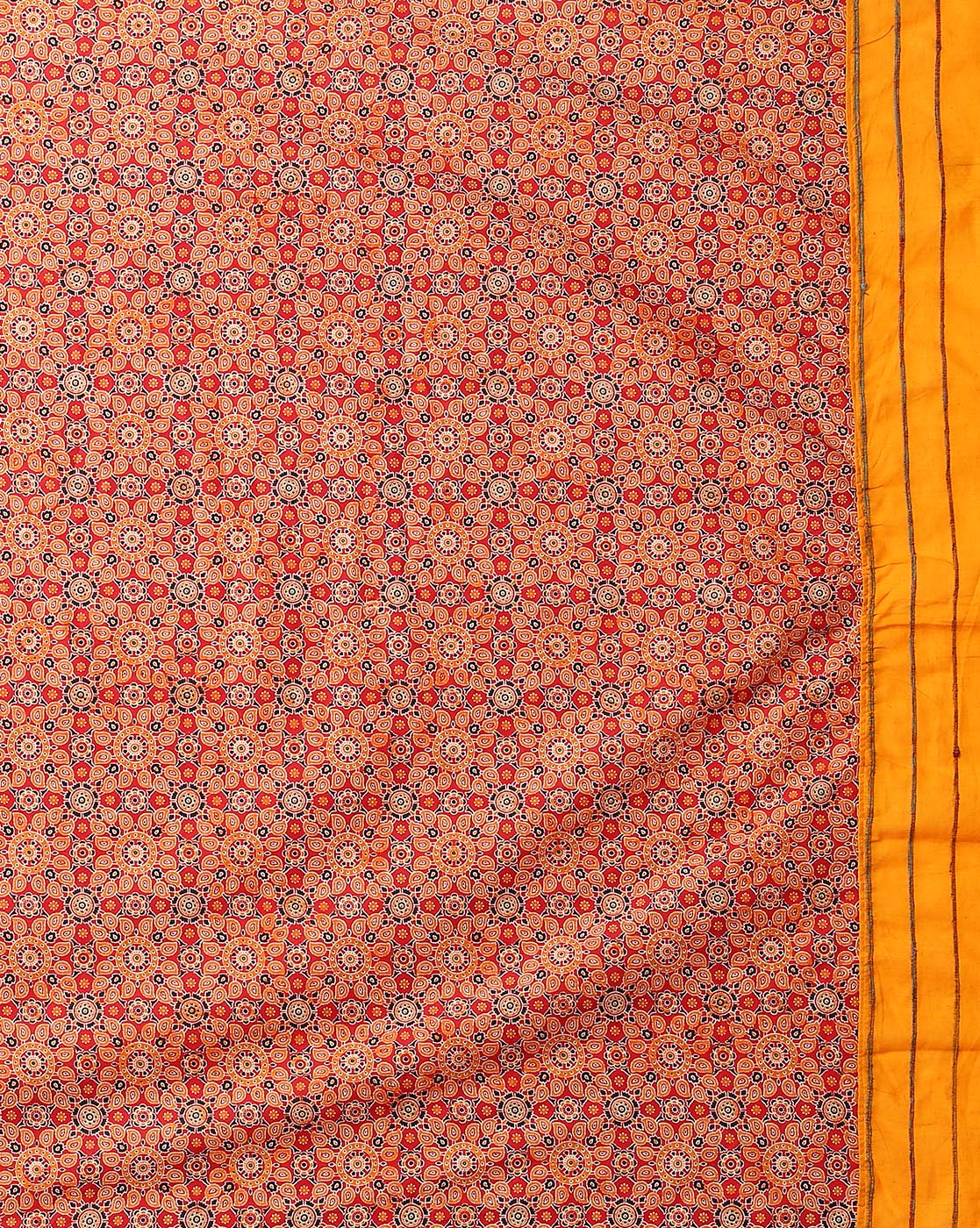 Yellow Red Ajrak Print Khesh Cotton Saree with Blouse piece | SHOBITAM