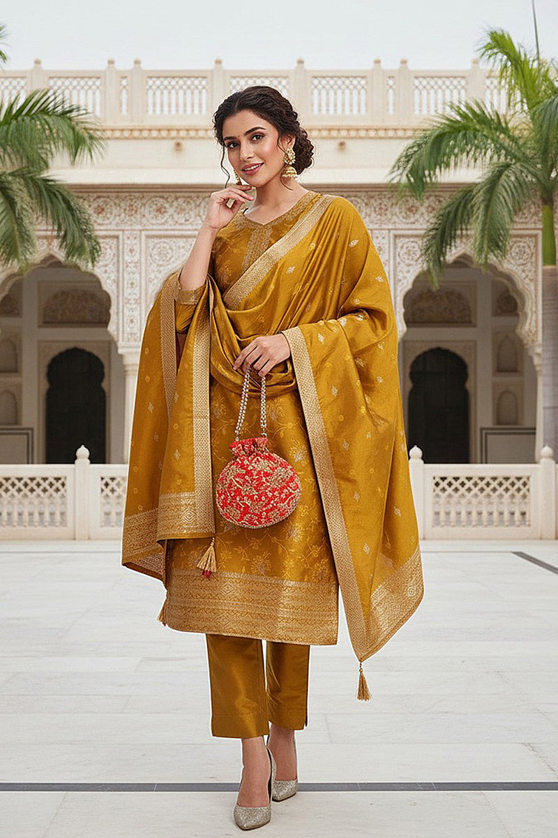 Mustard Yellow Silk Blend Ethnic Motifs Woven Design Straight Suit Set | SHOBITAM