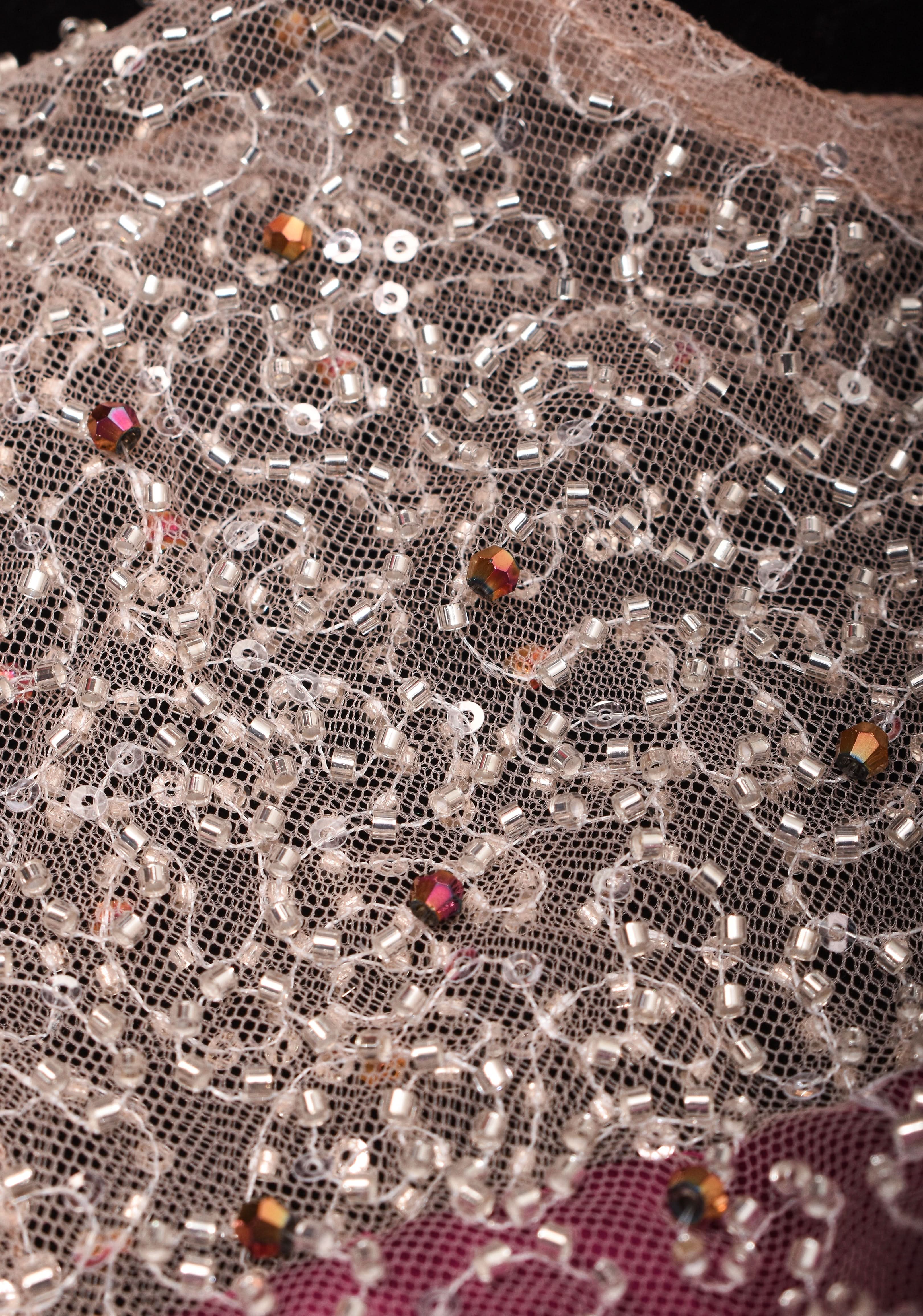 Illusion Neck Blouse with 3/4th sleeves with Heavy Cutdana and Sequins in Ivory and Plum, Made to Order | Shobitam