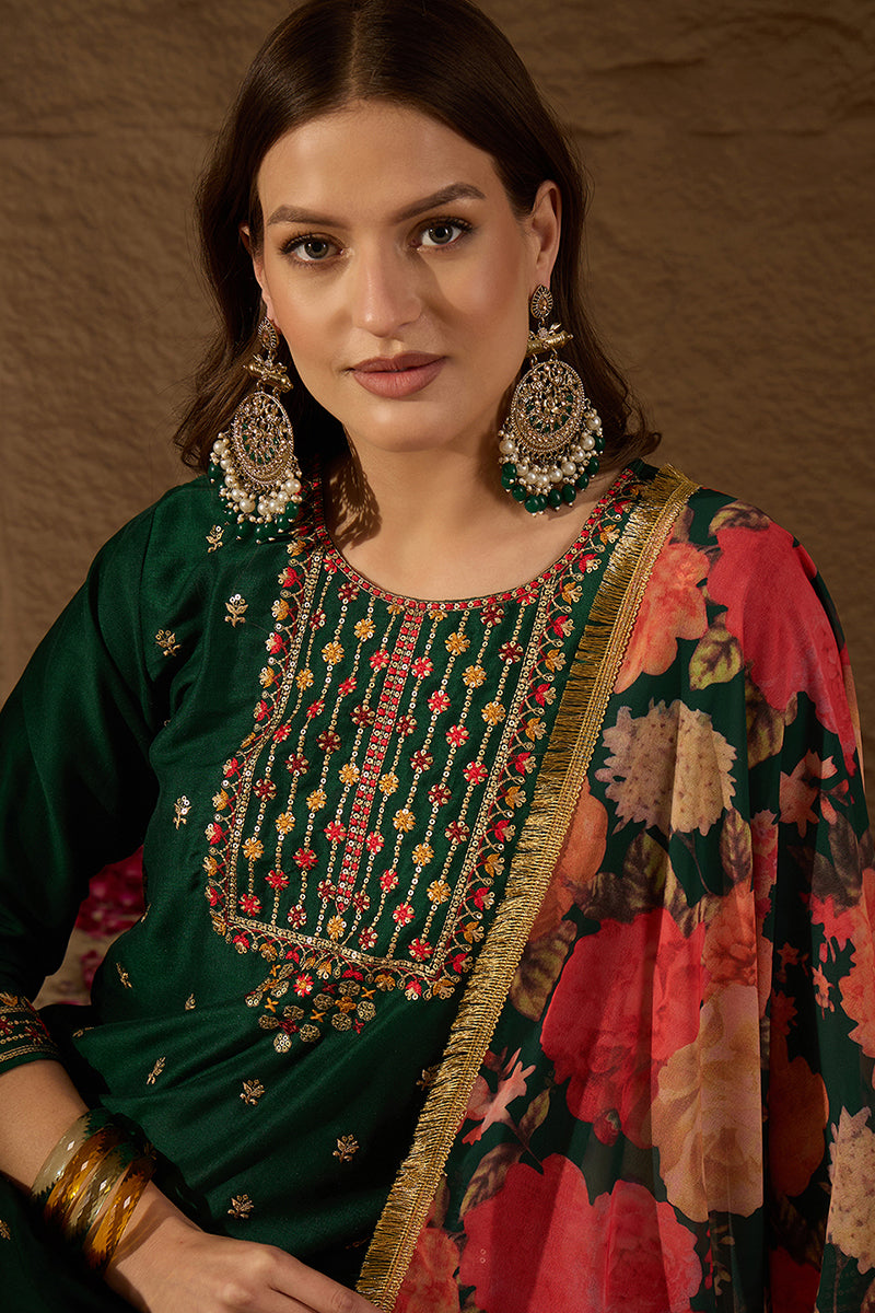 Green Silk Blend Embroidered Kurta Pant With Dupatta