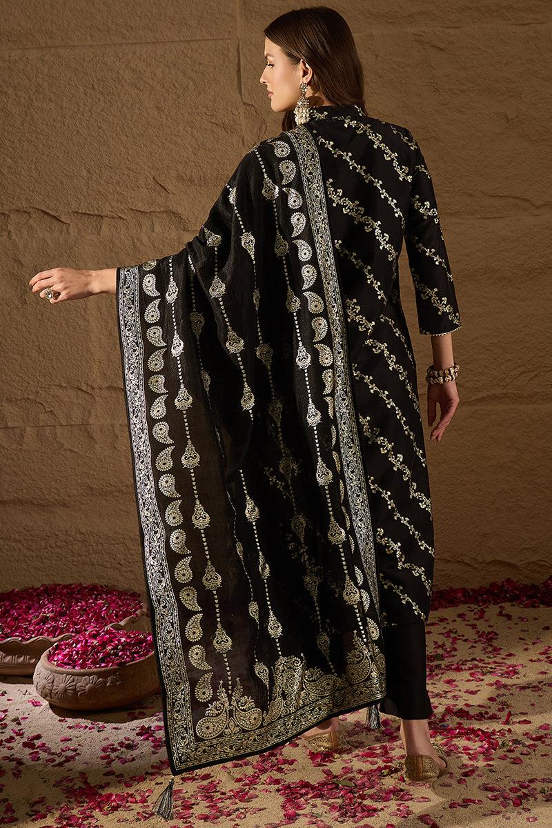 Black Silk Blend Ethnic Motifs Printed Straight Kurta Sets | SHOBITAM