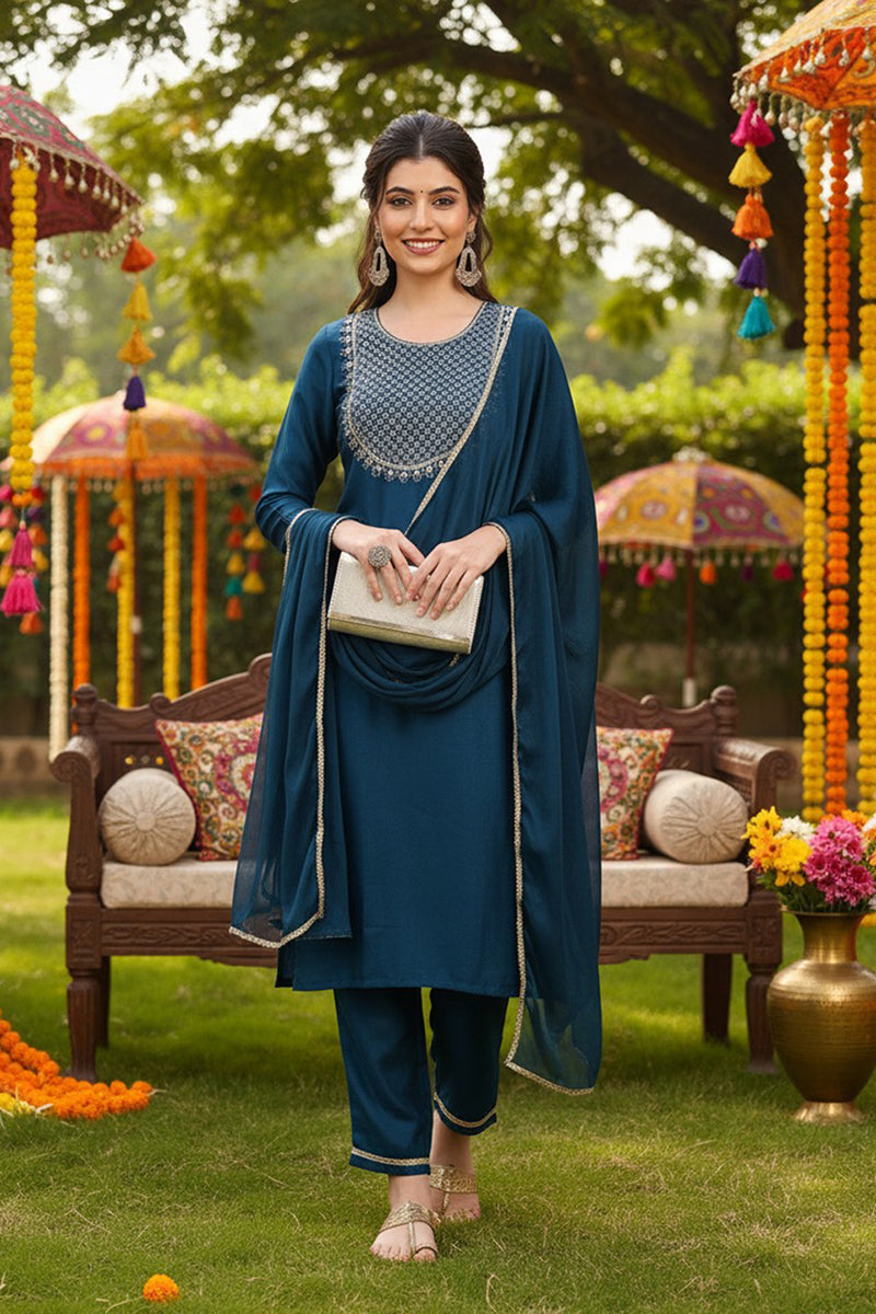Silk Blend Teal Embroidered Straight Kurta Pant With Dupatta | SHOBITAM