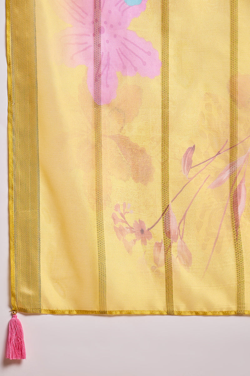 Yellow Silk Blend Solid Embroidered Straight Kurta Trouser With Dupatta | SHOBITAM