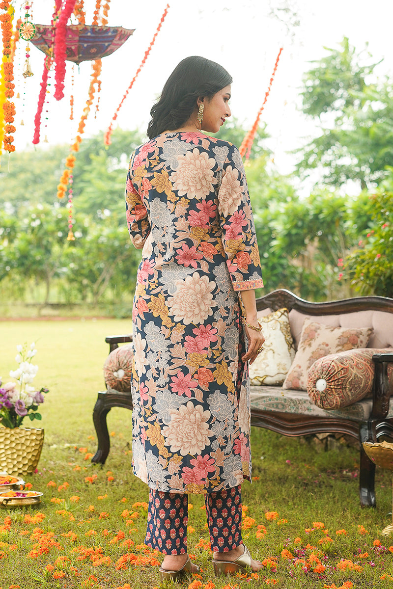 Blue Cotton Blend Floral Printed Straight Kurta Trousers With Dupatta | SHOBITAM