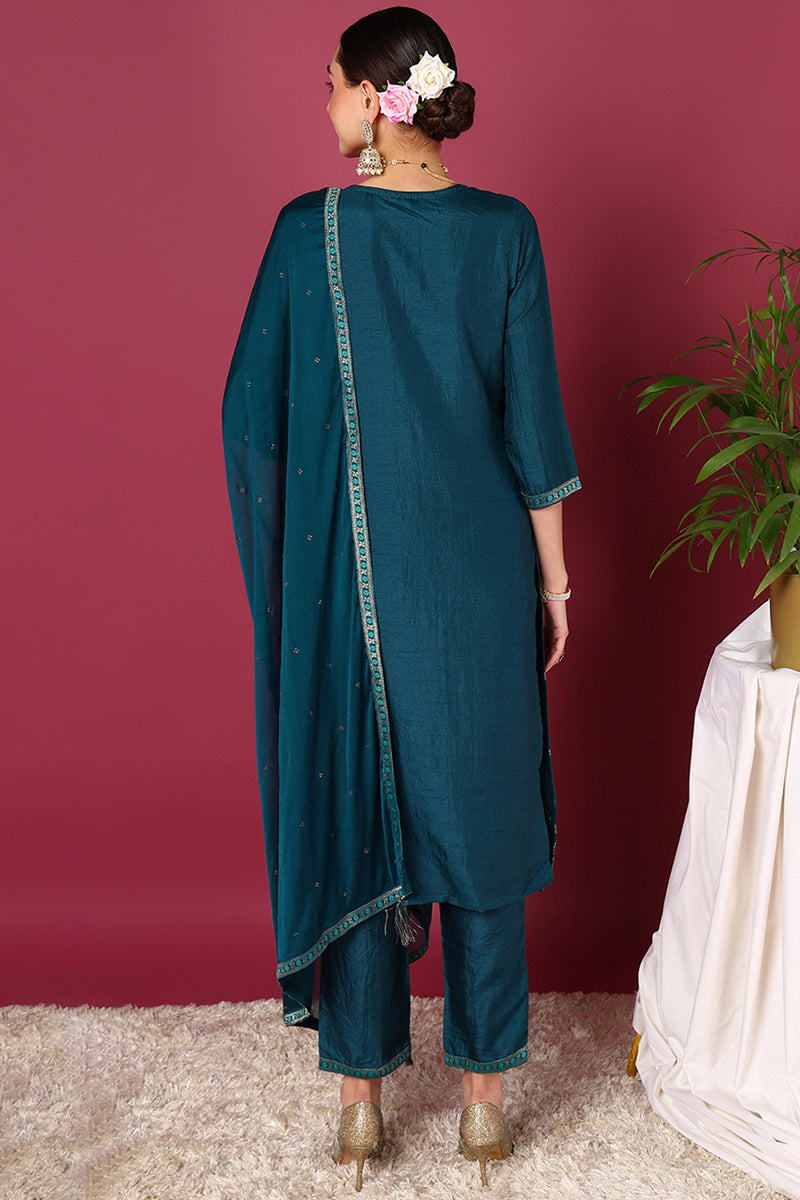 Teal Silk Blend Ethnic Motifs Woven Design Straight Suit Set | SHOBITAM