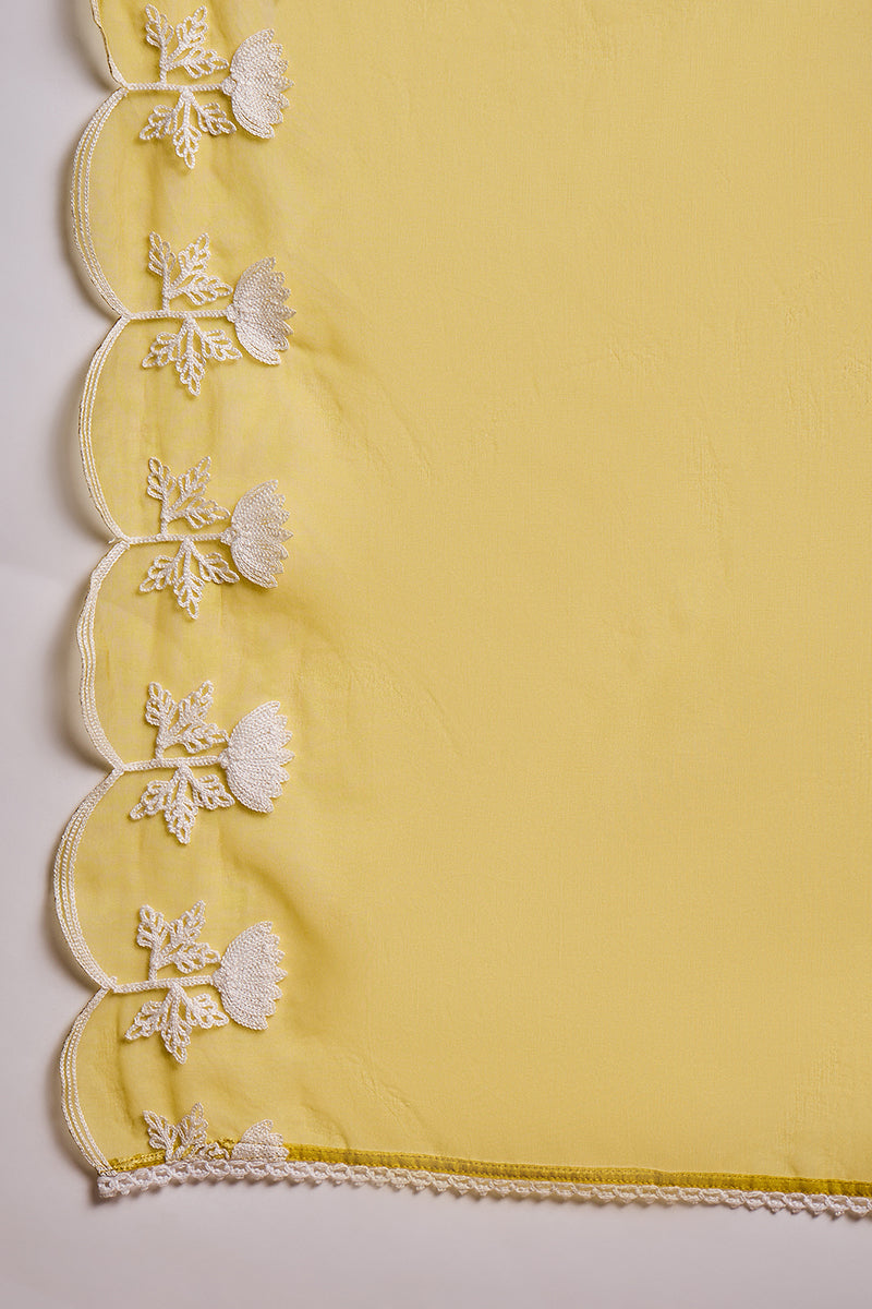 Mustard Silk Blend Solid Embroidered A-Line Kurta Trouser With Dupatta | Shobitam
