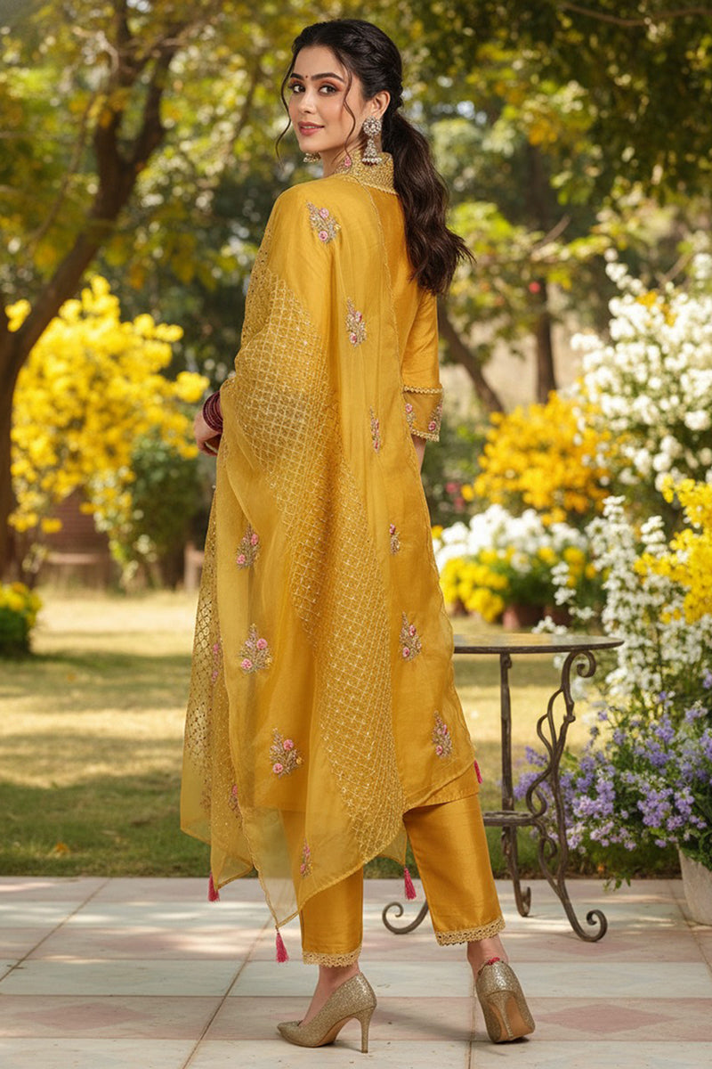 Mustard Yellow Silk Blend Floral Embroidered Straight Suit Set | SHOBITAM