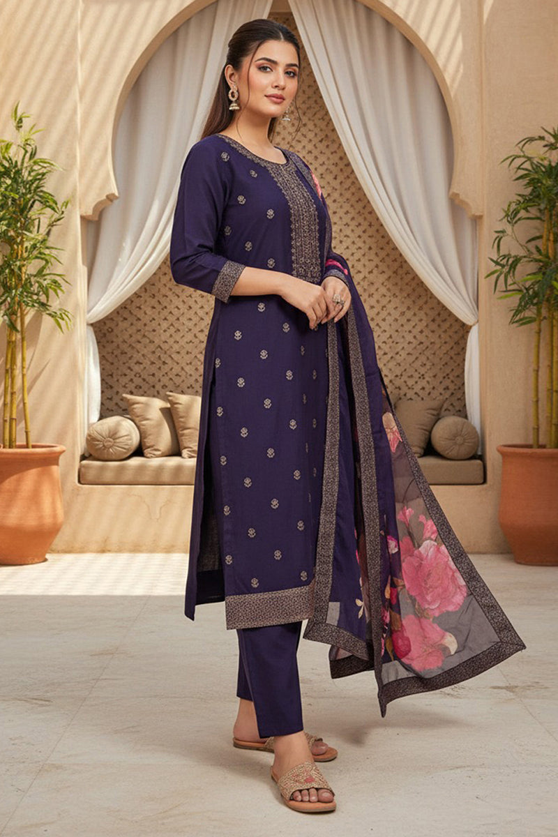 Purple Silk Blend Ethnic Motifs Stoning Straight Kurta Trouser with Dupatta | SHOBITAM