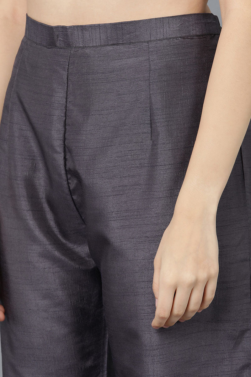 Women Charcoal Poly Silk Embroidered Kurta Trousers With Dupatta | SHOBITAM