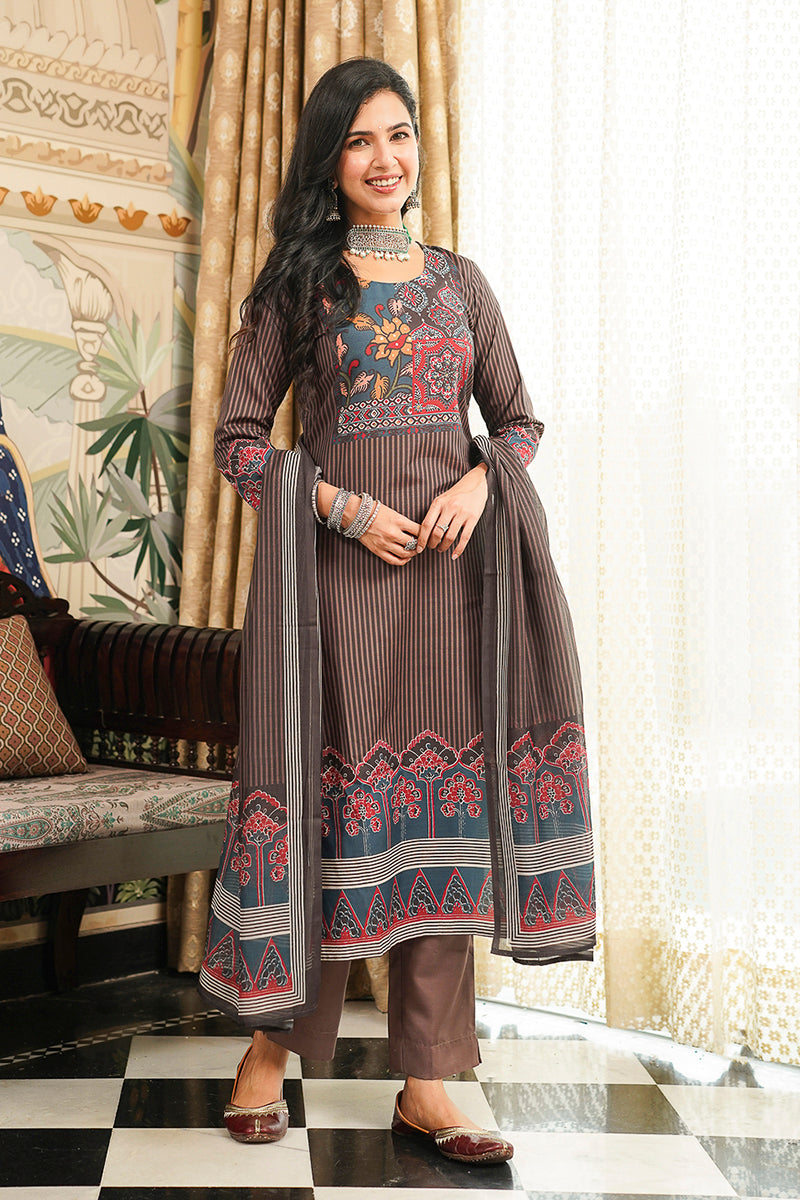 Brown Cotton Blend Ethnic Motifs Printed Straight Kurta Trousers With Dupatta | SHOBITAM