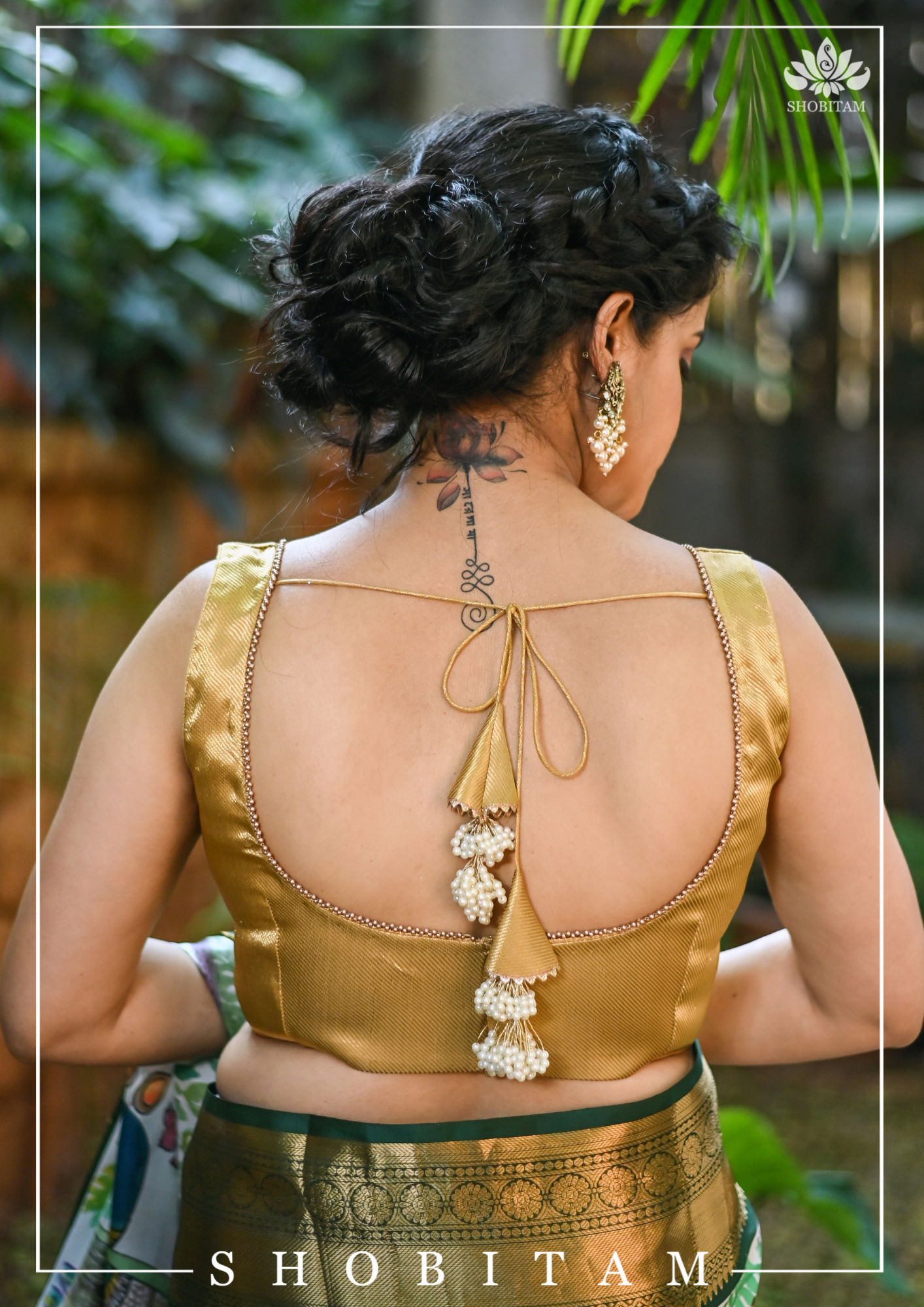 Made to Measure: Gold brocade U neck sleeveless blouse | Shobitam
