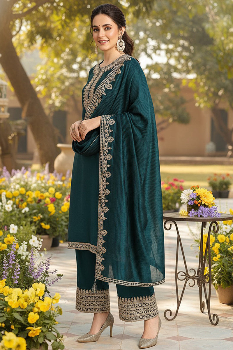 Green Silk Blend Solid Embroidered Straight Suit Set | SHOBITAM