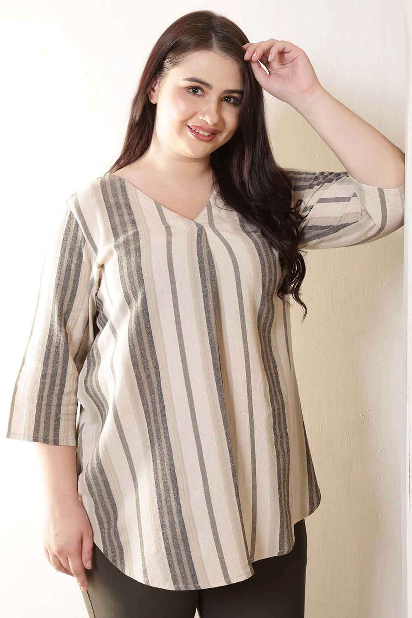 Plus Size Beige & Grey Striped V-Neck Cotton Top in Cotton | Made to Order