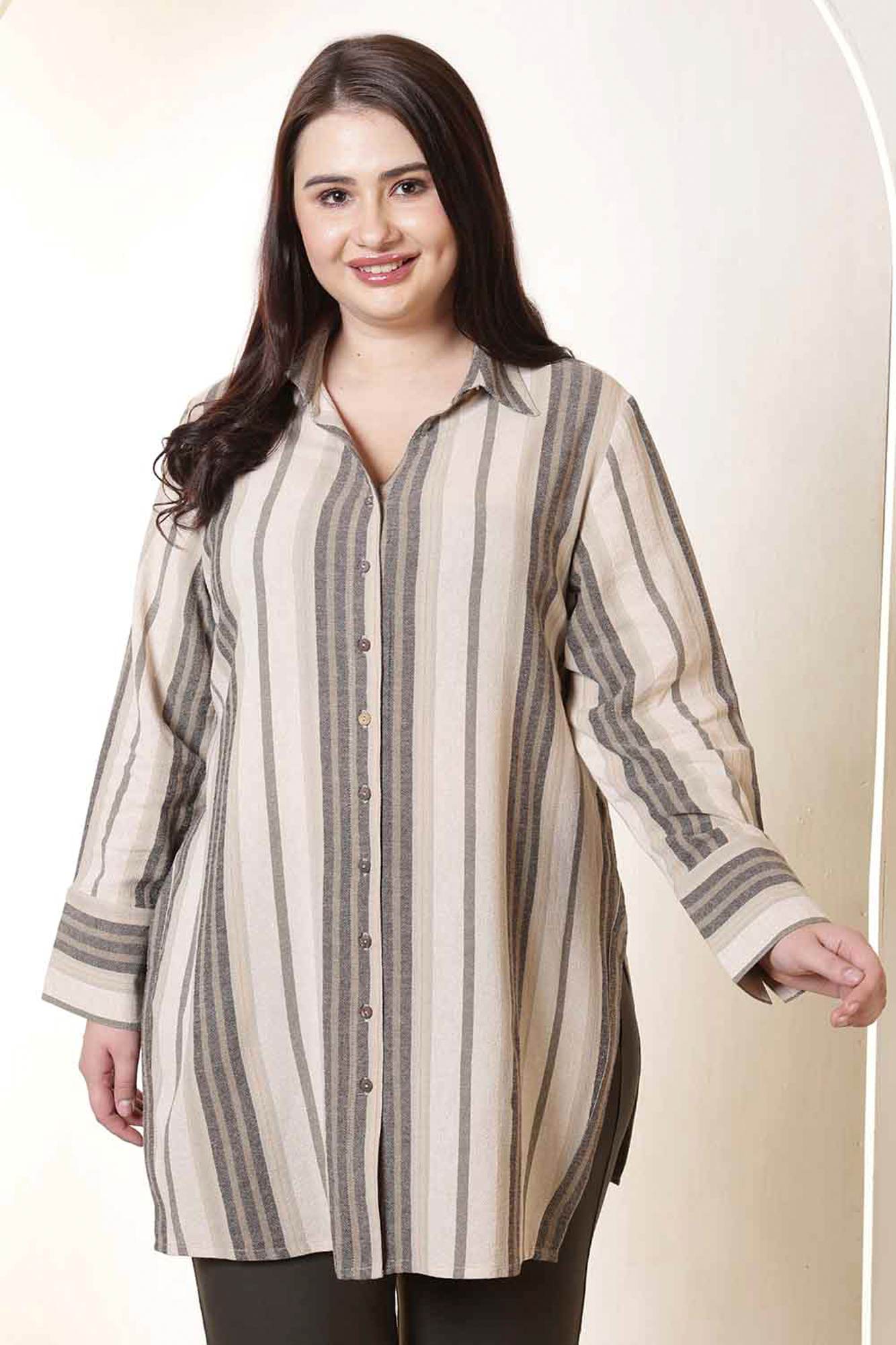 Plus Size Olive Striped High Slit Styled Cuff Cotton Shirt | Made to Order