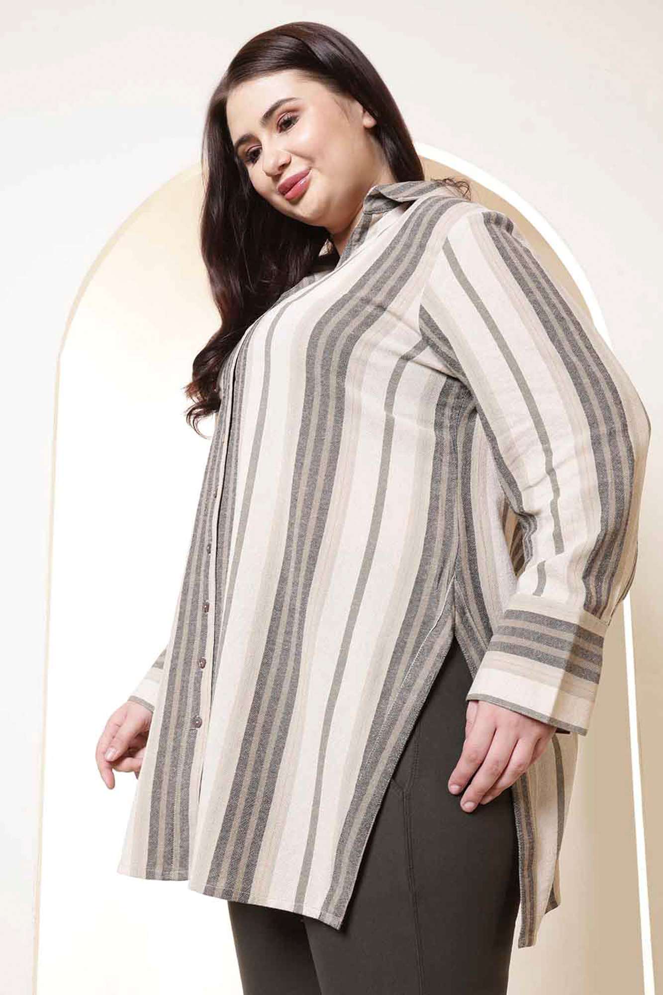 Plus Size Olive Striped High Slit Styled Cuff Cotton Shirt | Made to Order