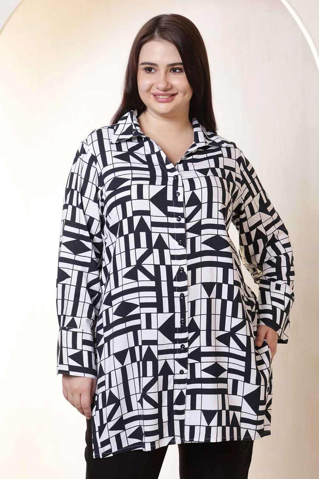 Plus Size Black & White Geometric Print High Slit Styled Cuff Cotton Shirt | Made to Order
