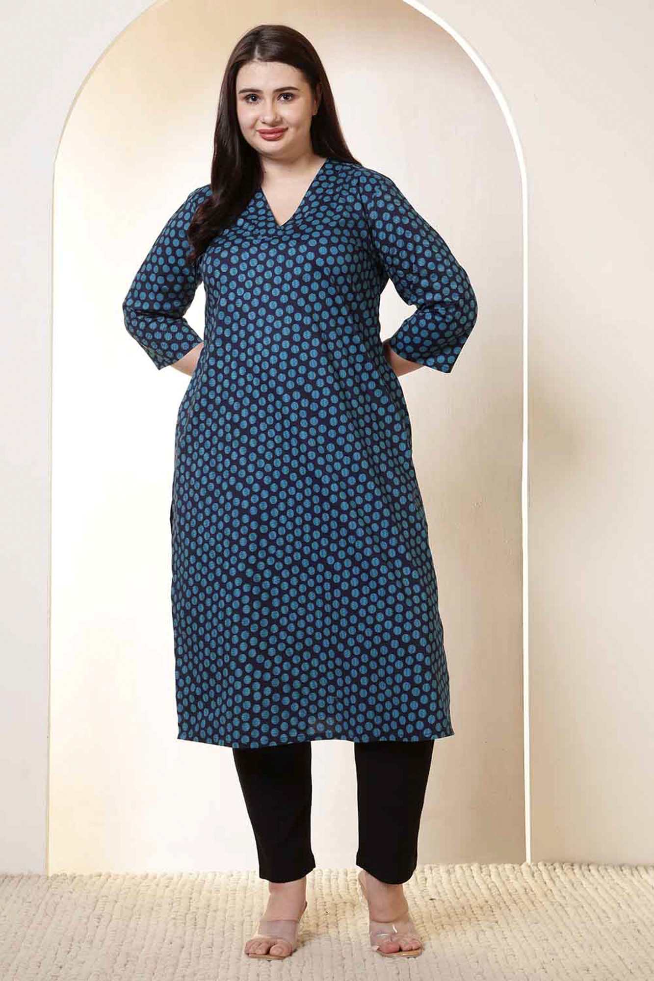 Plus Size Black Vertical Stripes Cotton V Neck Kurta Tunic | Made to Order